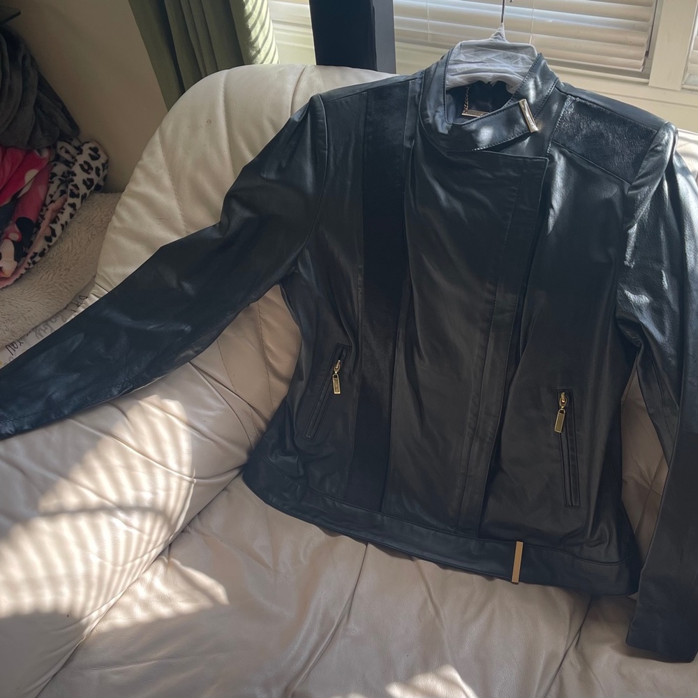 Iman BLACK LEATHER JACKET w Calf Hair on Front Side placket